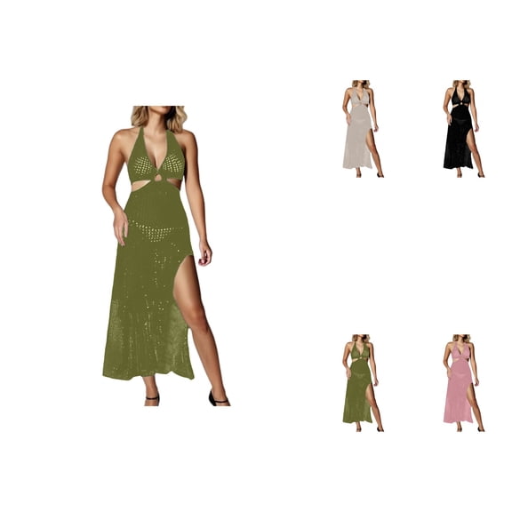 Womens Crochet Beach Cover Up Dress V-Neck Sleeveless Long Knit Halter Backless Bikini Wrap with Cut-Out, Summer Swimwear Cover Ups
