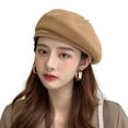 thumbnail image 3 of Opolski Women Beret Wind-proof No Brim Knitting Round Top Good Stretchy Dress Up Lightweight Elegant Lady Winter Beret Hat for Holiday Khaki, 3 of 8