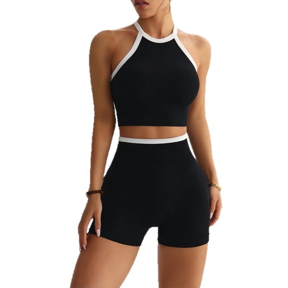 ORVELLUNE Women's 2-Piece Black Workout Set, Open Back Crop Tank and High-Waist Biker Shorts