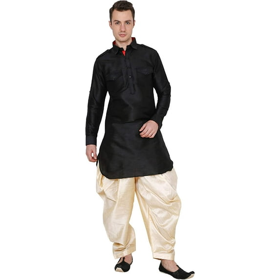 Royal Kurta Men's Polyester Pathani Kurta Salwar Set (42, Black-Gold-Pathani.)