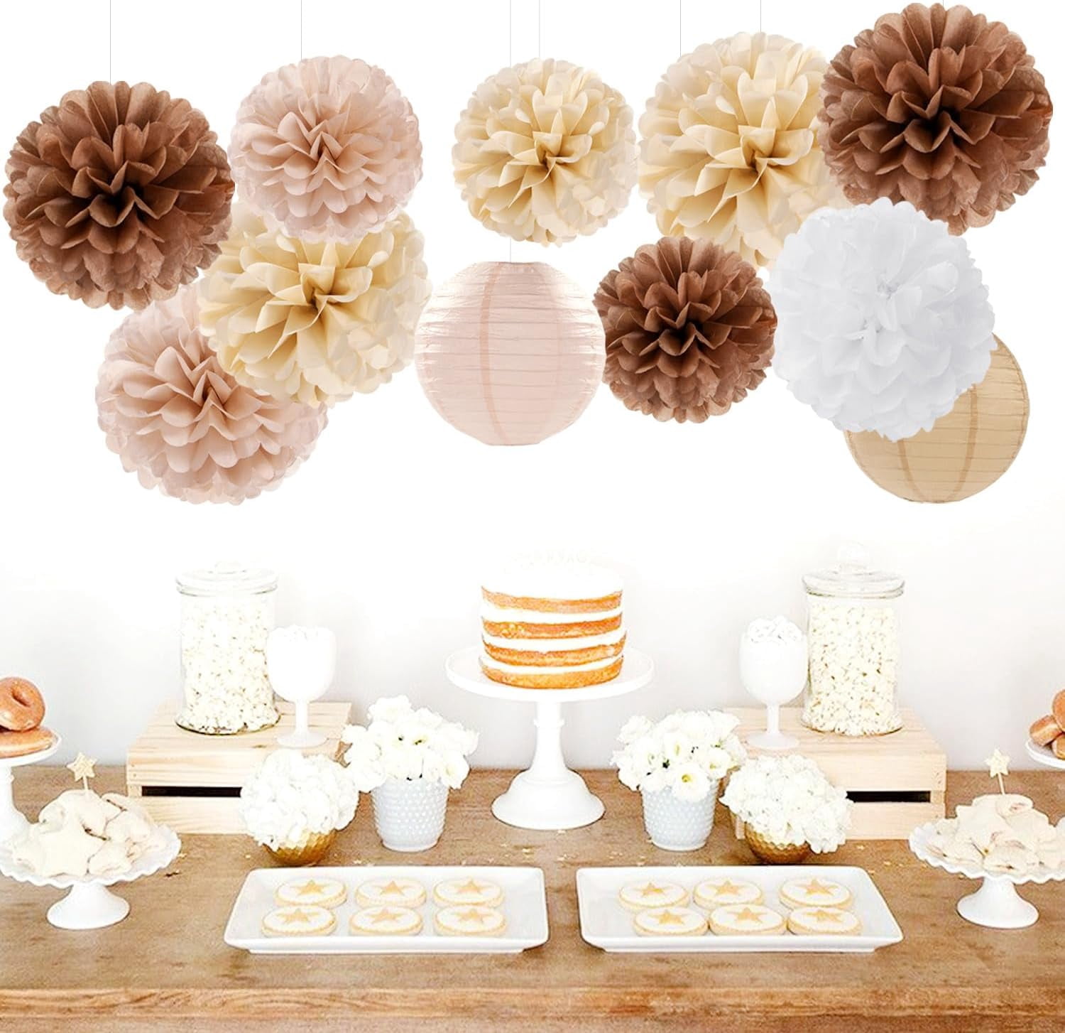 NestE-Boho Rustic Wedding Party-Decorations Paper Flowers Lanterns - 15PCS Fall Baby Shower Gender Neutral Streamers,Brown Champagne White Tissue Pom Poms,Autumn Birthday Bridal Decor