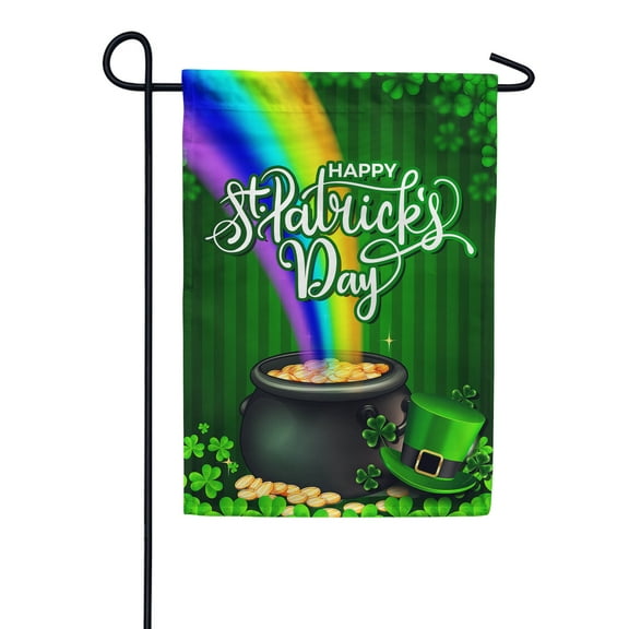 America Forever Happy St Patricks Day Garden Flag 12.5 x 18 Inch Double Sided Yard Outdoor Decoration Clover Shamrock Leprechaun Hat Rainbow Pot of Gold St. Patrick's Day Flag