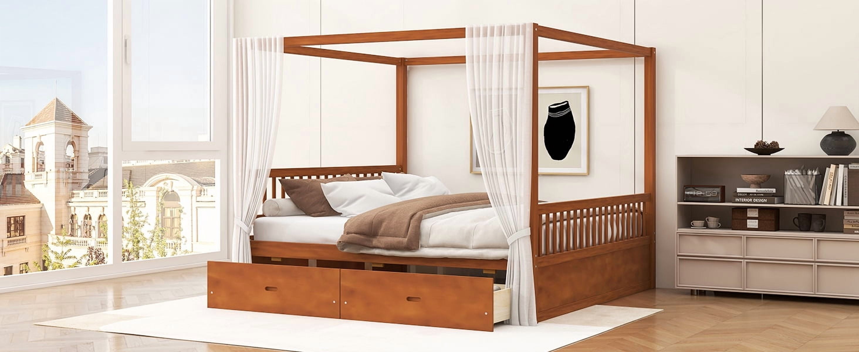 Mintazer King Size Canopy Bed with 2 Storage Drawers, Platform Bed Frame with Slatted Guardrails, No Box Spring Needed, Walnut