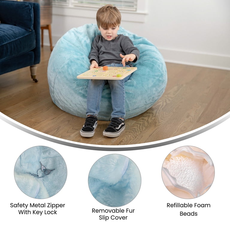 Emma + Oliver Small Teal Furry Refillable Bean Bag Chair for Kids