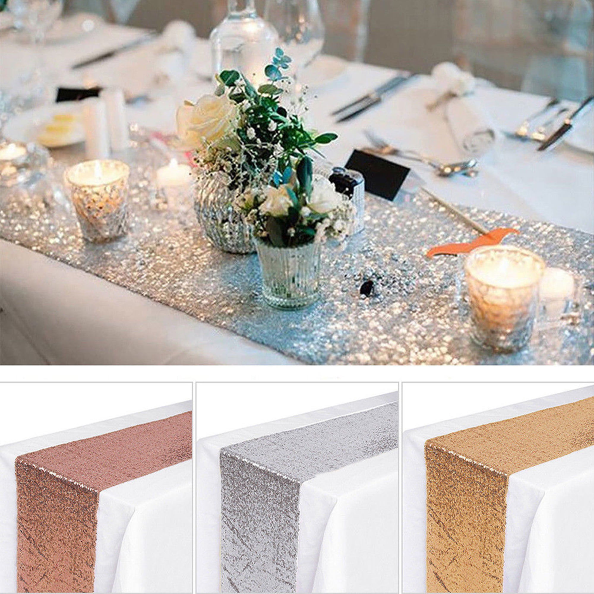Sequence Dining Xmas Table Runner for Sparkly Wedding Party Holiday Festival Decor Poise3EHome 10 Pack Sequin Table Runner 12 x 60 Inches Silver Glitter Table Runner 