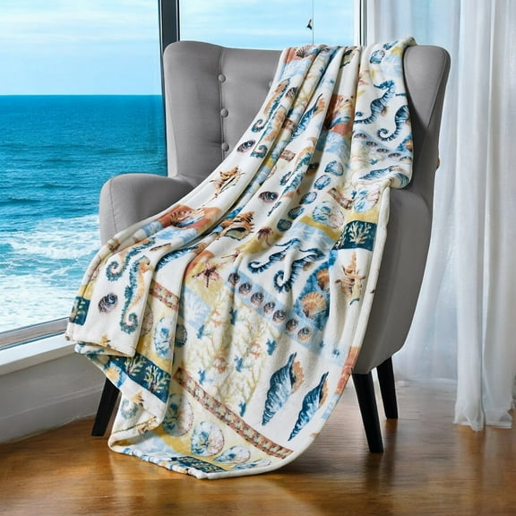 Serafina Home Decorative Coastal Throw Blanket: Colorful Sea Life Seahorse Coral Sand Dollars Shells Accent for Couch or Bed, Colors: Blue Aqua Orange Yellow White