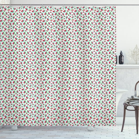 Watermelon Shower Curtain, Brush Stroke Painted Fruit Slices Pattern, Fabric Bathroom Set with Hooks, 69W X 70L Inches, Vermilion Shamrock Green, by Ambesonne