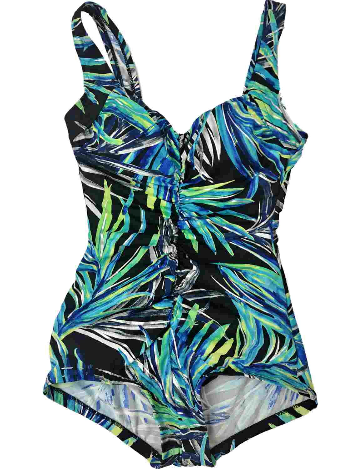 Womens Blue Green Silver Fern Leaf Center Areca Palm One Piece Swimming Suit 8