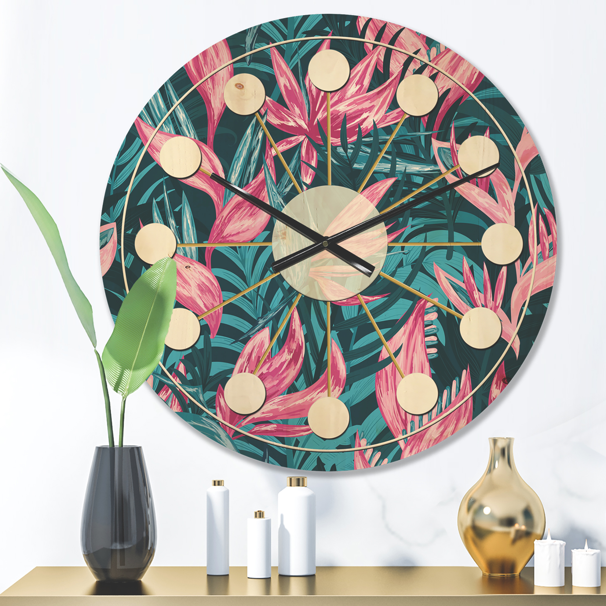 Designart 'Tropical Flowers I' Mid-Century Modern Wood Wall Clock