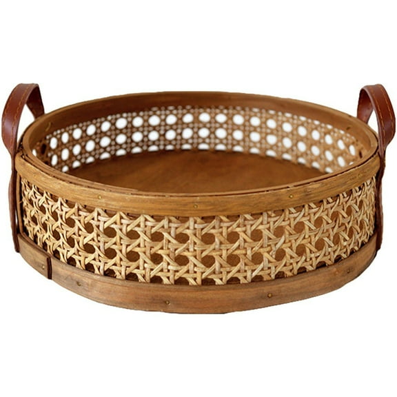 Hzzsbu Rattan Storage Basket with Handle, Round Woven Breathable Organizer for Fruit, Bread, Desktop Home Decor