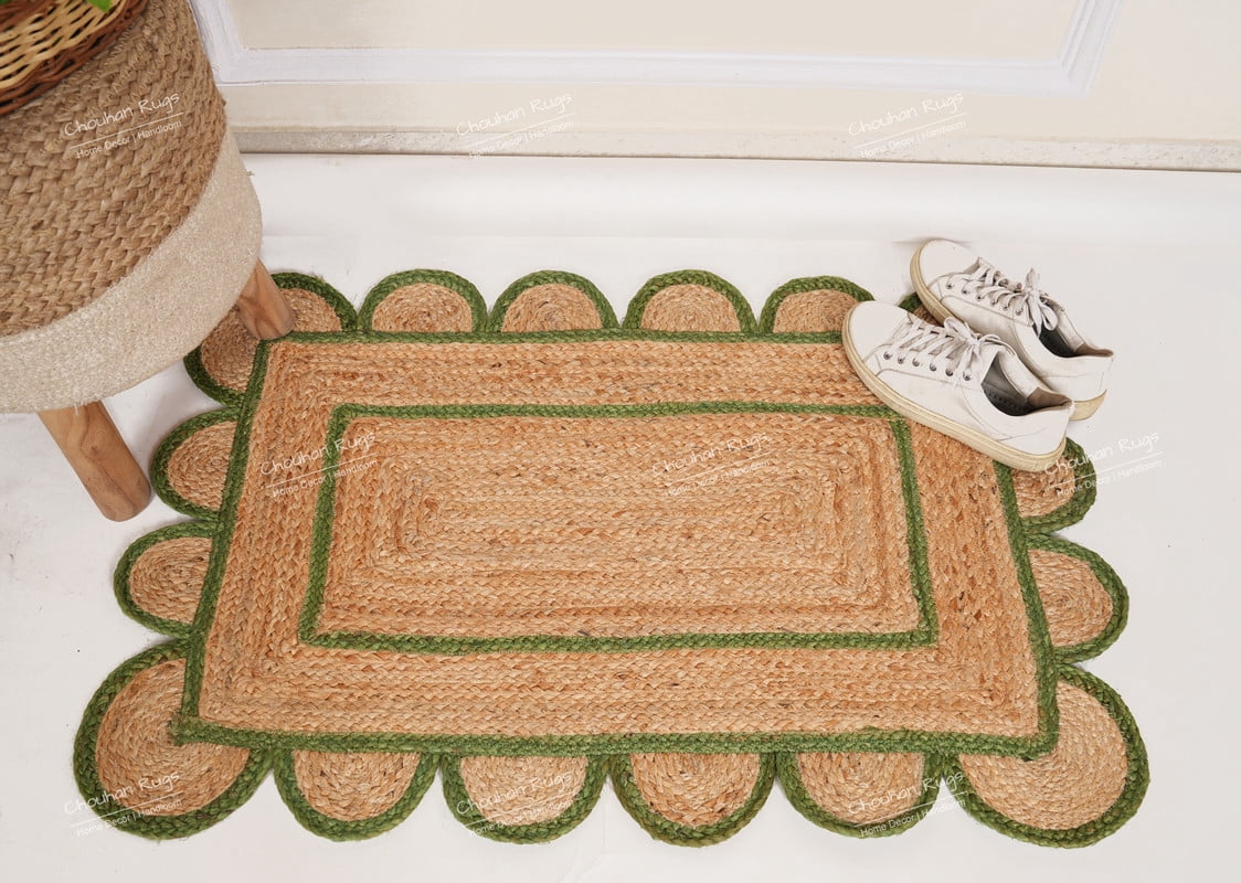 Hand Braided Natural Jute Rug Beige and Green Scalloped Area Rug Rectangle Rug
