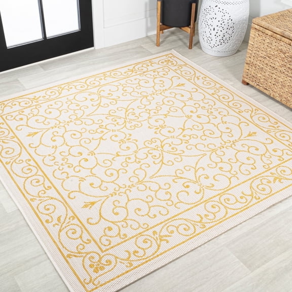JONATHAN Y SANTA MONICA 5' Square Area Rug, Charleston Vintage Filigree Textured Weave - Cream/Yellow, SMB106M-5SQ