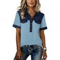 thumbnail image 6 of Inglocry Denim Collar Short Sleeve Shirts for Womens Button Up V Neck Tops Casual Streetwear Patch Work Tees Sky Blue 3XL, 6 of 6