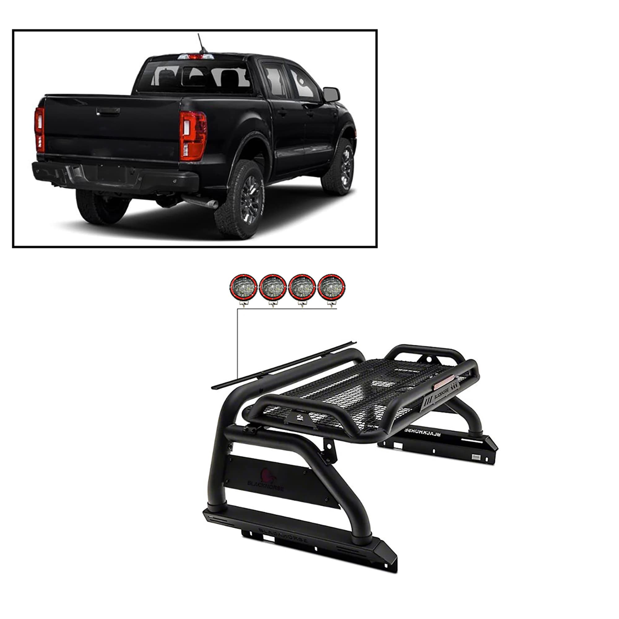 Black Horse Atlas Roll Bar Incl. Set of 5.3" Dia.LED Lights w/Red Trim Rings Black Compatible with 2019-2022 Ford Ranger-ATRB8BK-PLFR