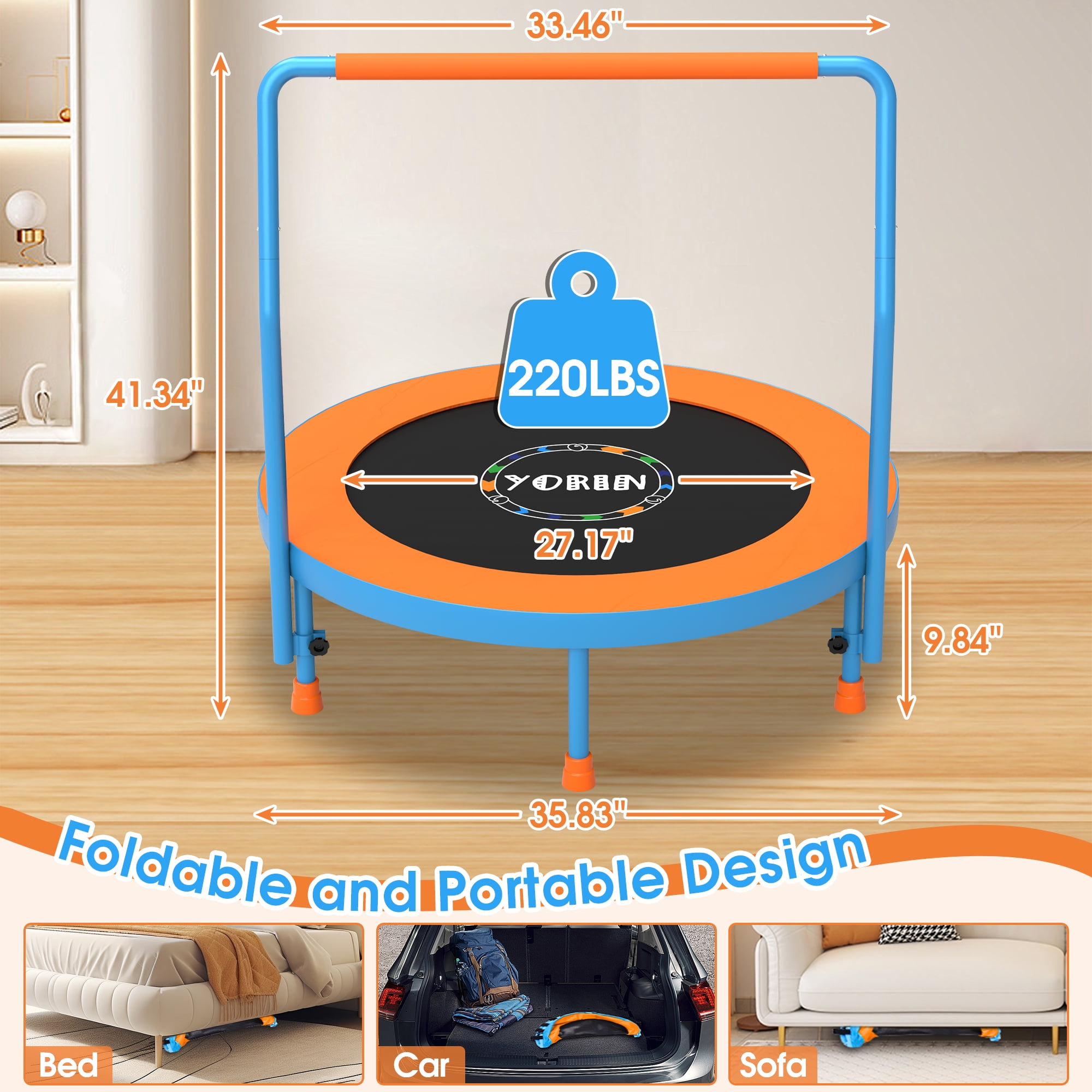 YORIN 36" Trampoline for Kids, 3FT Mini Indoor/Outdoor Foldable Toddler Trampoline with Adjustable Foam Handle, Small Rebounder Fitness Trampoline with No-Gap Padded Cover, Gift for Baby, Girls, Boys