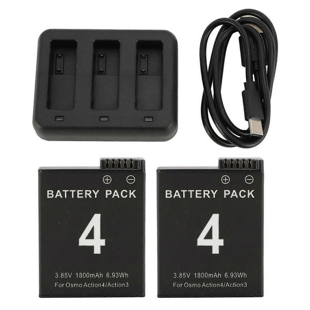 Replacement Battery for Osmo Action 3/4 Camera, 3-Slot Fast Charger, 2 x 1800mAh Batteries, Type-C Charging Cable