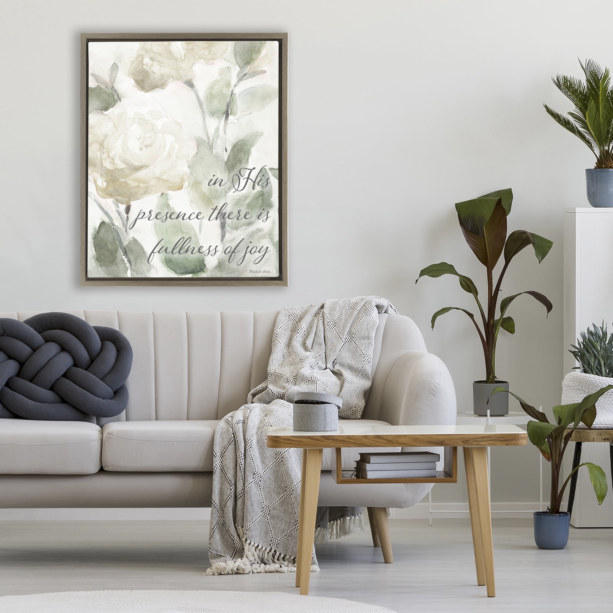 Stupell Industries His Presence Floral Scripture Brown Framed Floater Canvas Wall Art, design by Lanie Loreth