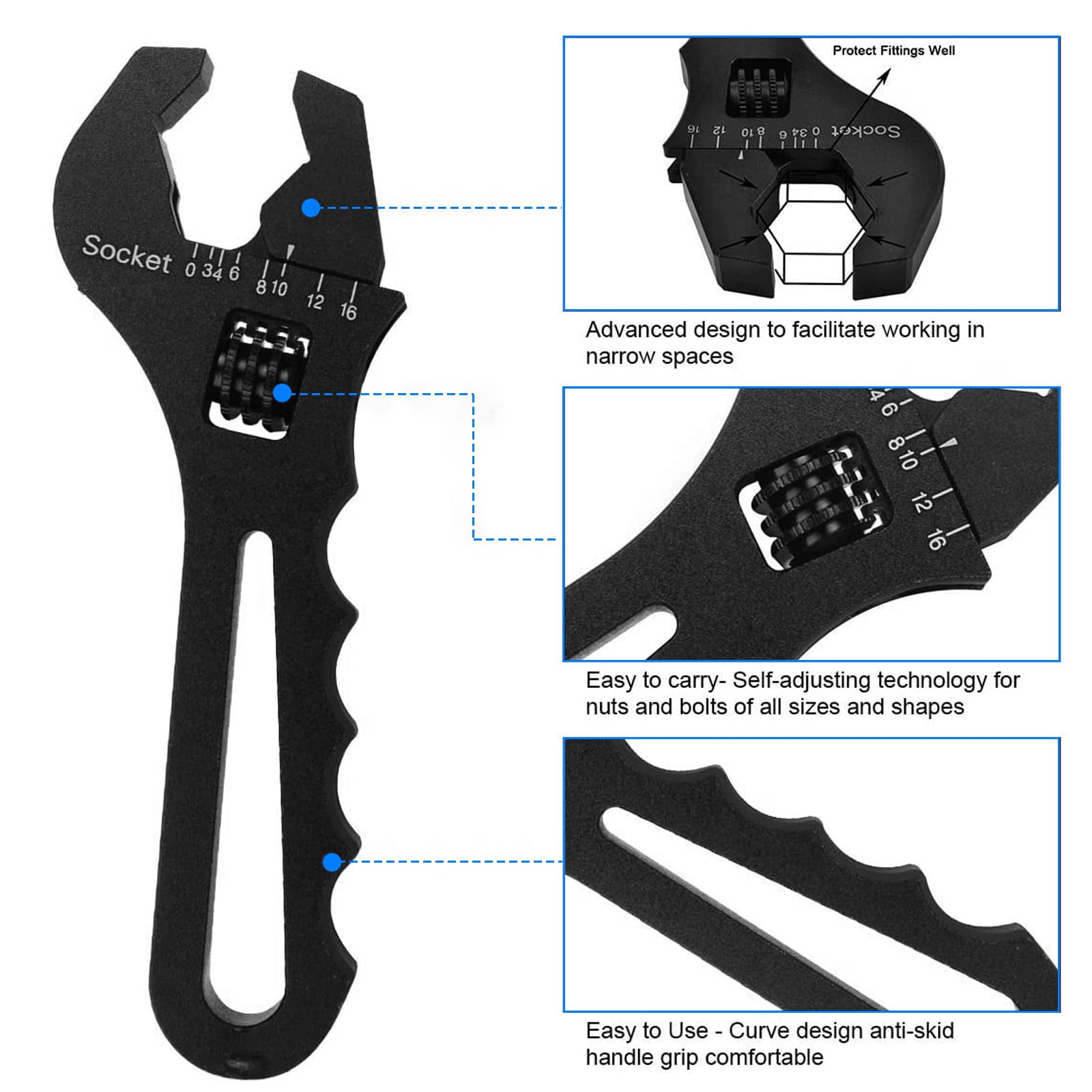 SPEEDWOW Adjustable Wrench, 3AN-16AN An Fitting Wrench Aluminum Lightweight Spanner Tools for An Hose Fitting Adapter End, 3Pcs