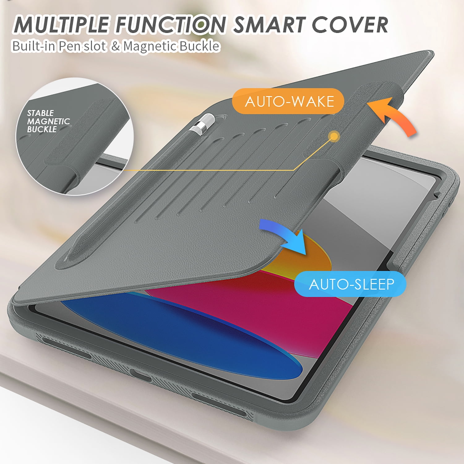 Allytechgroup Magnetic Case for Apple iPad (A16) 11th Gen 11" 2025/ iPad 10th Gen 10.9" 2022, Auto Sleep Wake Multi Angle Viewing Stand Build-in Pencil Holder Protective Bumper Tablet Case, Gray