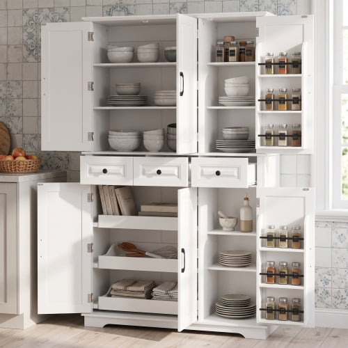 72" Tall Farmhouse Kitchen Pantry Cabinet with 3 Pull-Out Trays & 6 Door Racks, White