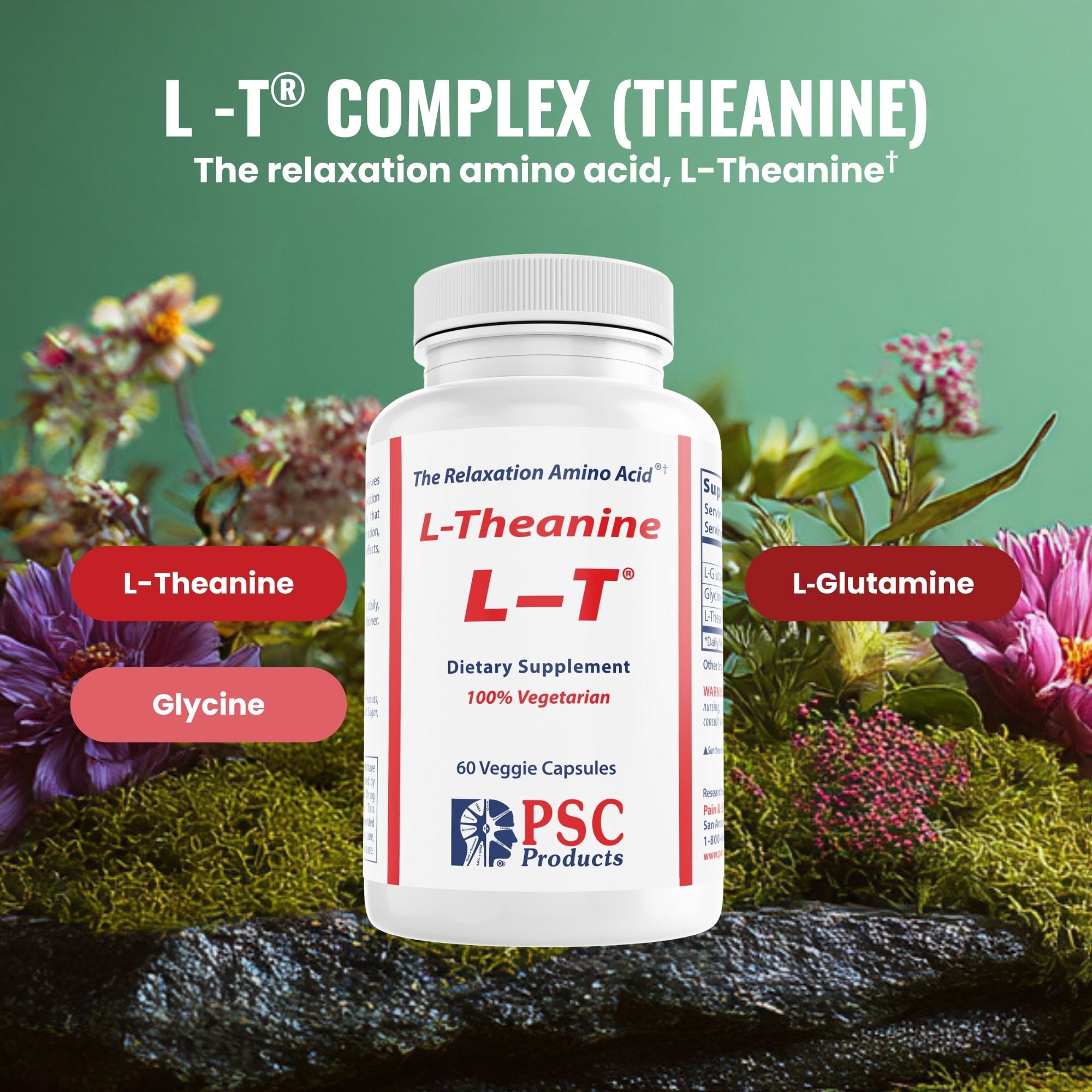 L-T® Complex L-Theanine 100 mg Stress Support Supplement with L-Glutamine and  Glycine, 60 Capsules