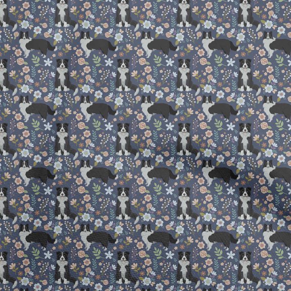 oneOone Polyester Spandex Blue Fabric Floral & Puppies Fabric For Sewing Printed Craft Fabric By The Yard 56 Inch Wide
