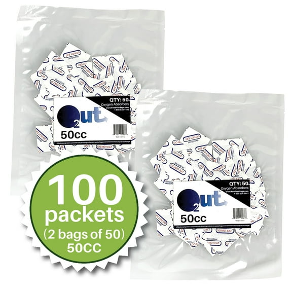 50cc O2 Out Oxygen Absorbers, 100 Pack (2 Packs of 50), FoodVacBags Food Grade Oxygen Absorbers