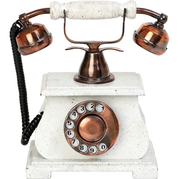 DECOR ANTIQUE Vintage Old Classic Telephone Rotary Dial White Wooden Base Non-Working
