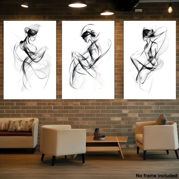 [2D Flat] 3pcs, 2D Frameless Canvas Art Set, Three-Piece Living Room Decorative Paintings, 3pcs Abstract Minimalist Line Canvas Art Women Sketch Style Canvas Art Wall Home Decor, Intellectual Beauty