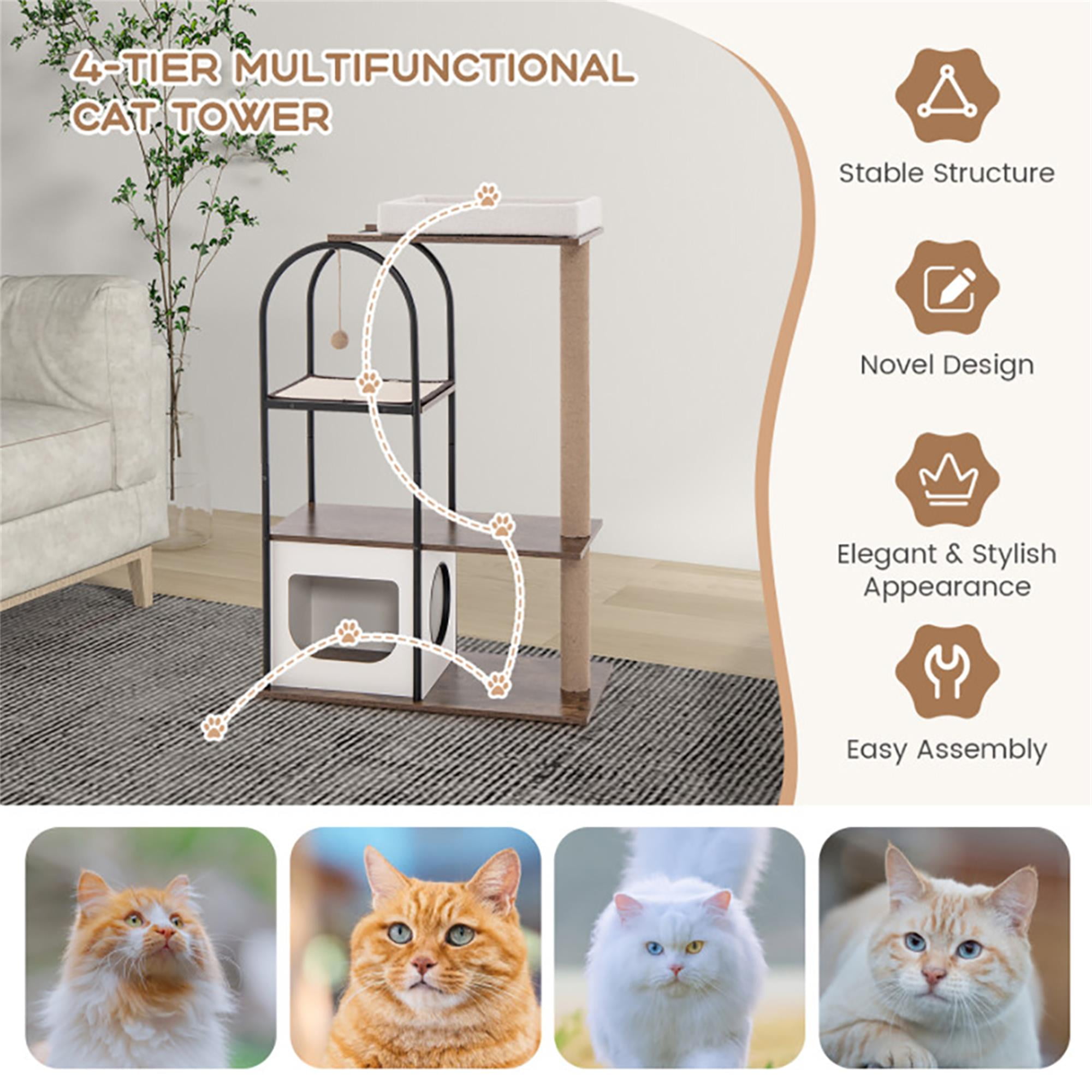 resenkos 47" Wood Cat Tree Tower Furniture, Cat Condo with Metal Frame, Scratch Post for Kittens Cat Tree House, White