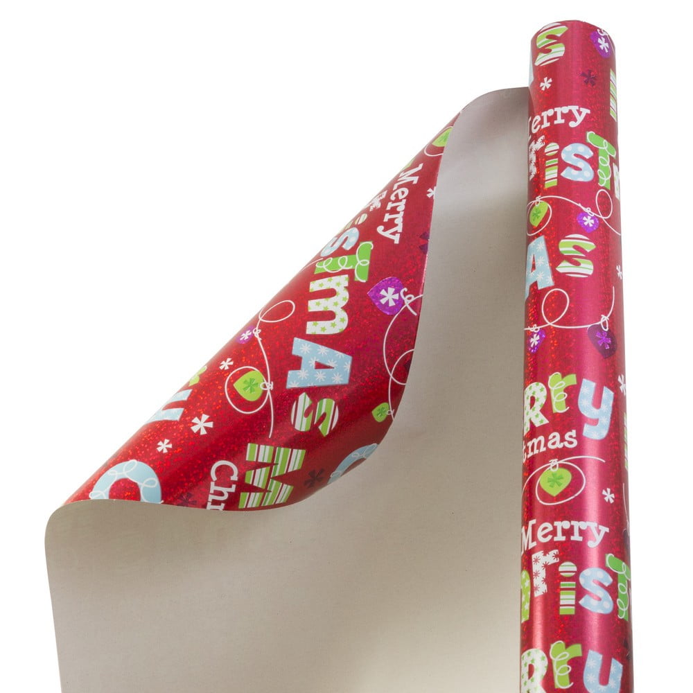 JAM Christmas Wrapping Paper, 25 Sq Ft, 1/Pack, Holographic Red with Merry Christmas Gift Wrap