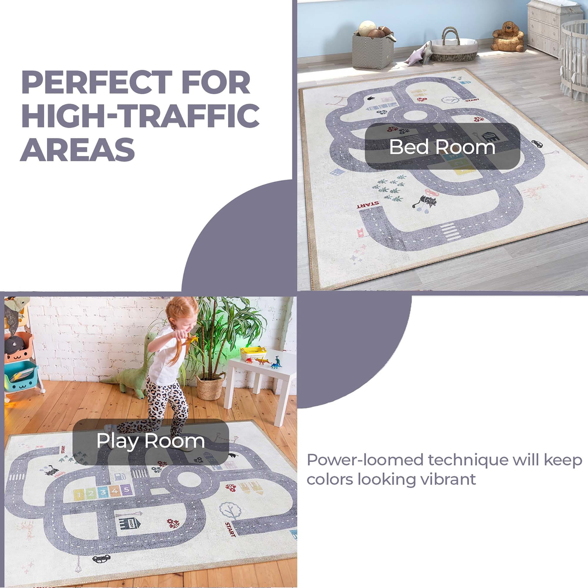 Superior Path Road Non-Slip Kids Washable Indoor Area Rug, 4' x 6', Ivory