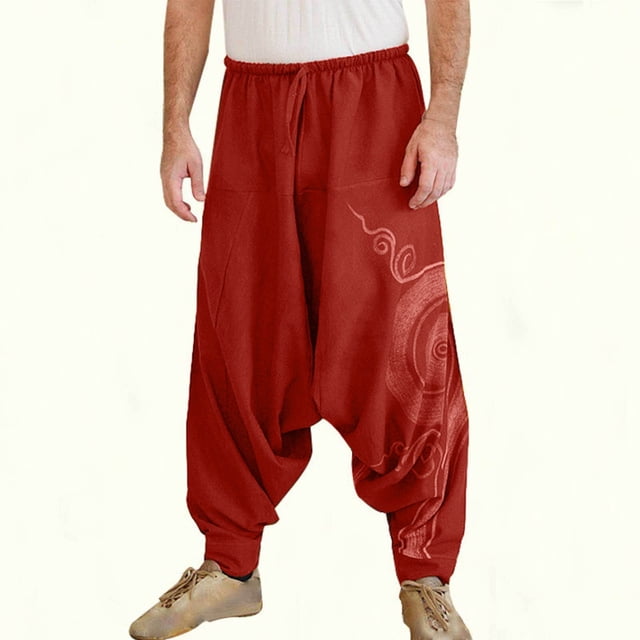 Pantalones largos para hombre, holgados, informales, con cintura elástica, cordón ajustable, tiro bajo, para yoga, de poliéster