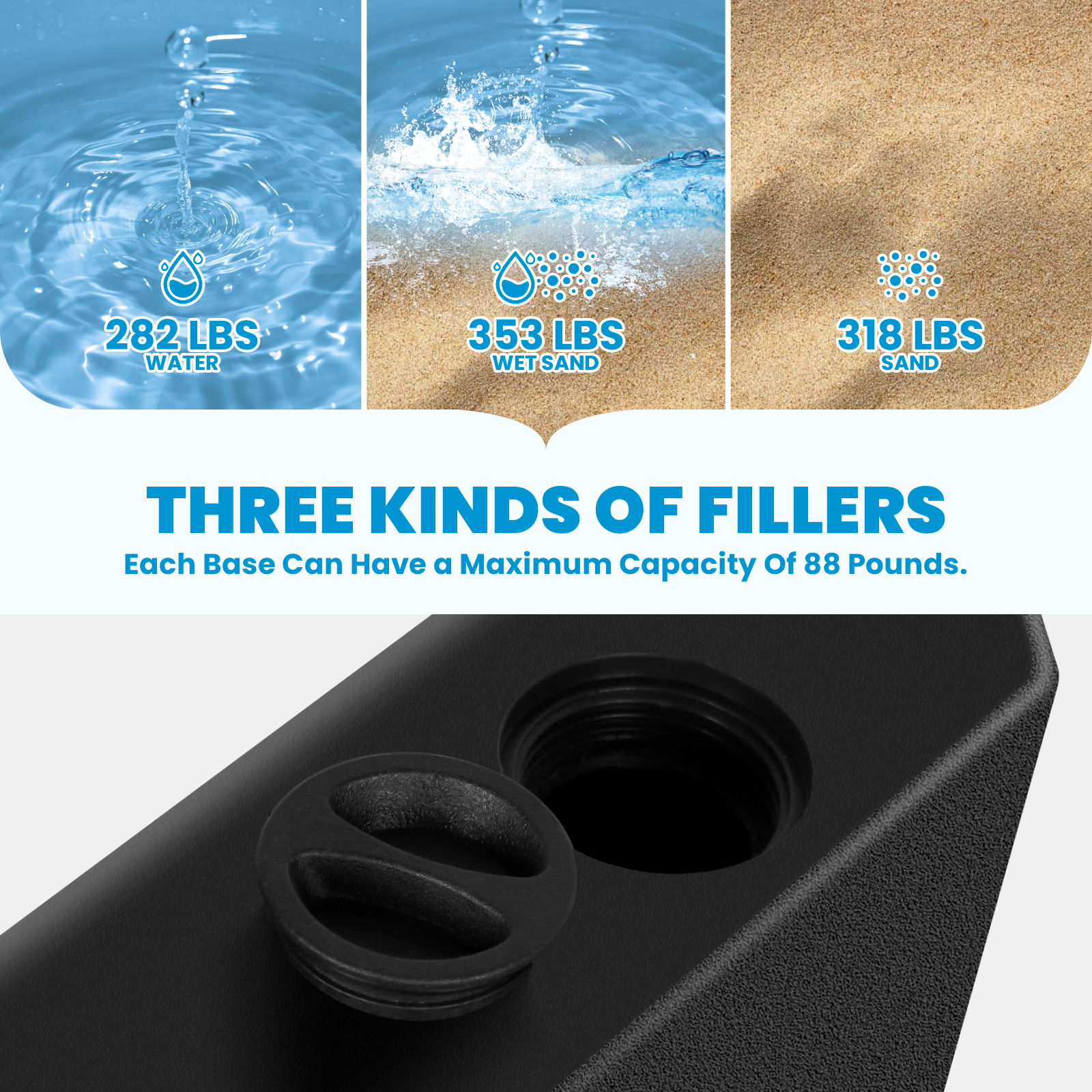 4Pcs 353 lbs Cantilever Offset Patio Umbrella Base, Water & Sand Filled Heavy Duty Outdoor Umbrella Base, Square Umbrella Base Plate Set with Easy-Fill Spouts, Black