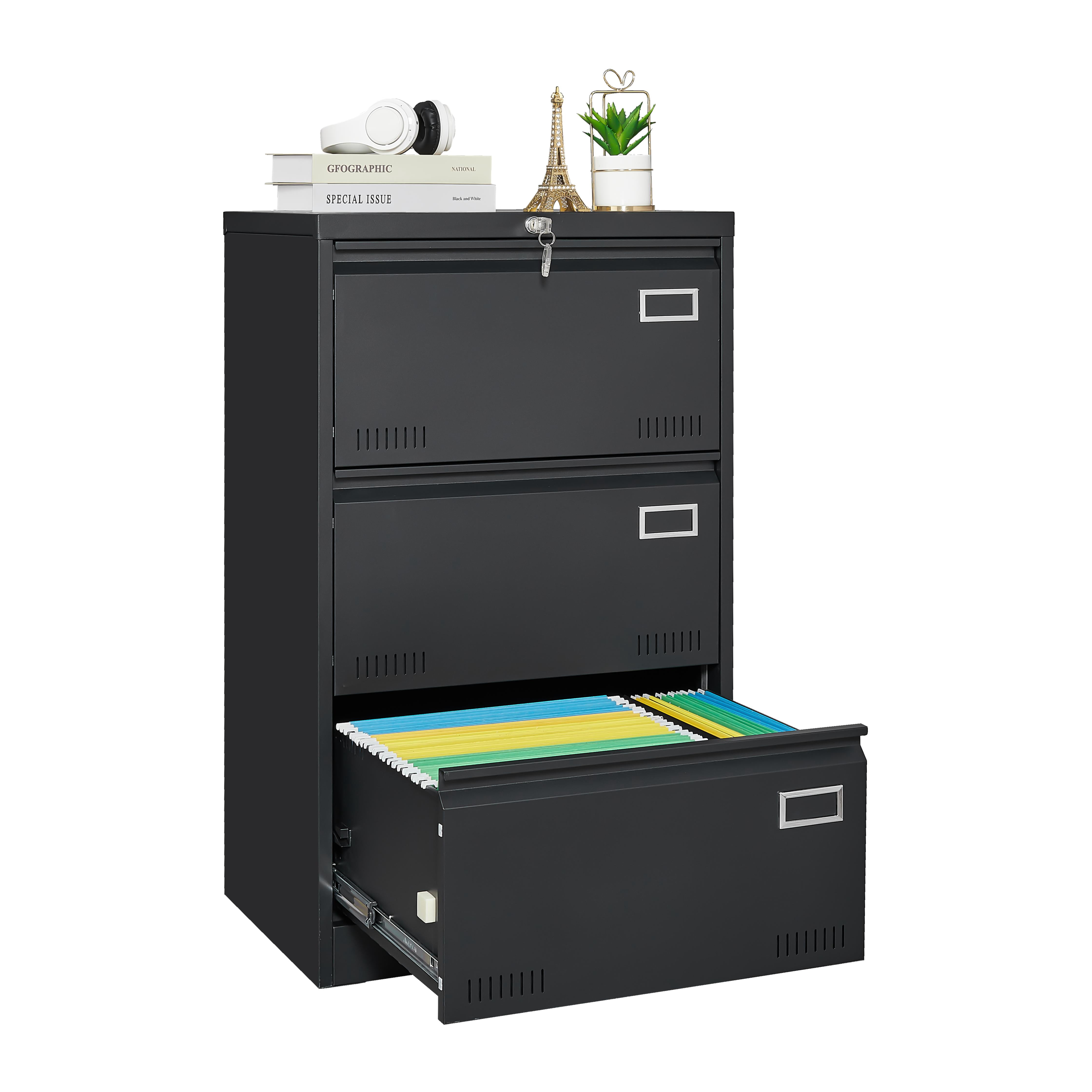 Syngar Metal Lateral File Cabinets with Lock, 3 Widened Drawer Large Filing Cabinet, Lockable Storage Cabinet for Legal/Letter/A4/F4 Size Home Office, Black