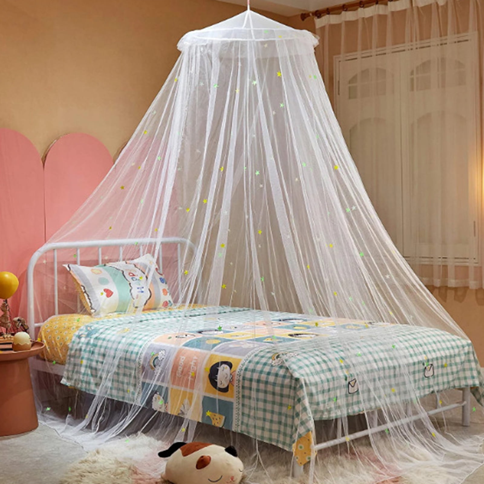 opvise Bed Canopy Easy Installation Fluorescent Stars Design Kid Room Round Top Children Crib Bed Tent Household Supplies Blue