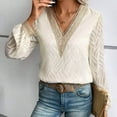 thumbnail image 2 of Women's V Neck Sweater Lace Long Sleeve Knitted Top Fashion Casual Loose Solid Color Cable Knit Pullover Shirt (Beige L), 2 of 6