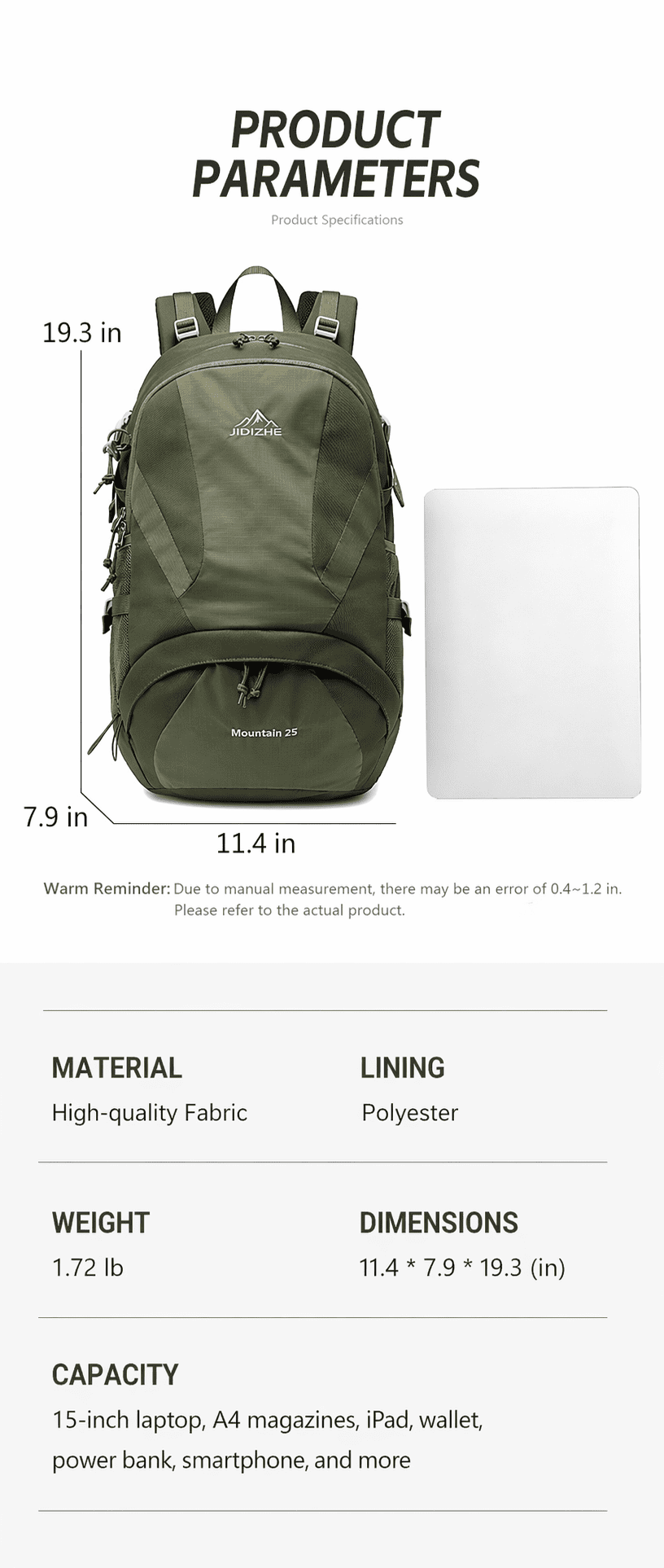 JIDIZHE 25L Polar Explorer Hiking Backpack, Lightweight Water-Resistant Outdoor Travel Backpack for Men & Women, Gray