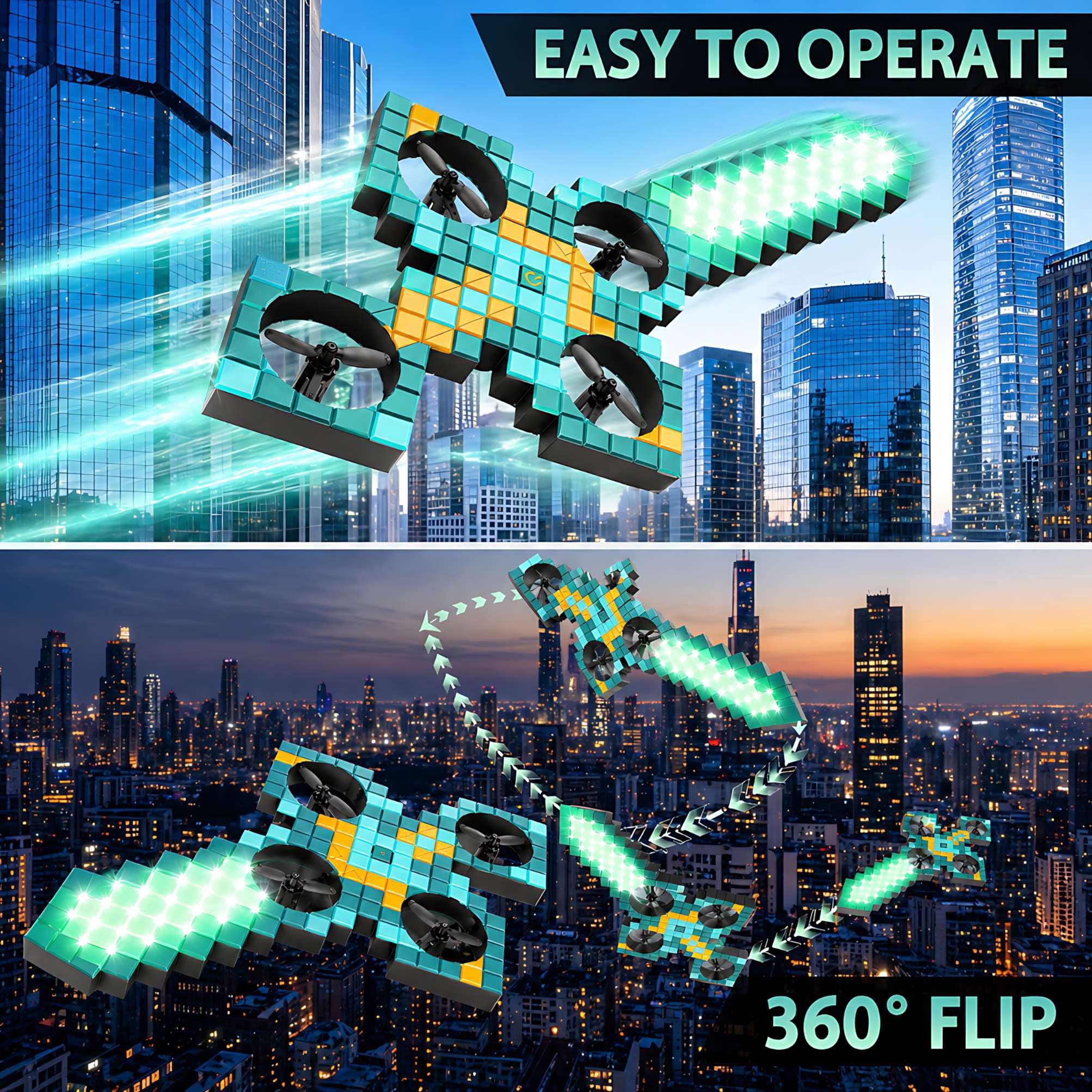 Sword-Shaped RC Airplane with LED Lights, 2.4GHz 4-Motor Remote Control Quadcopter, 3 Speed Modes, 360° Flip Foam Drone for Teens and Adults, Green