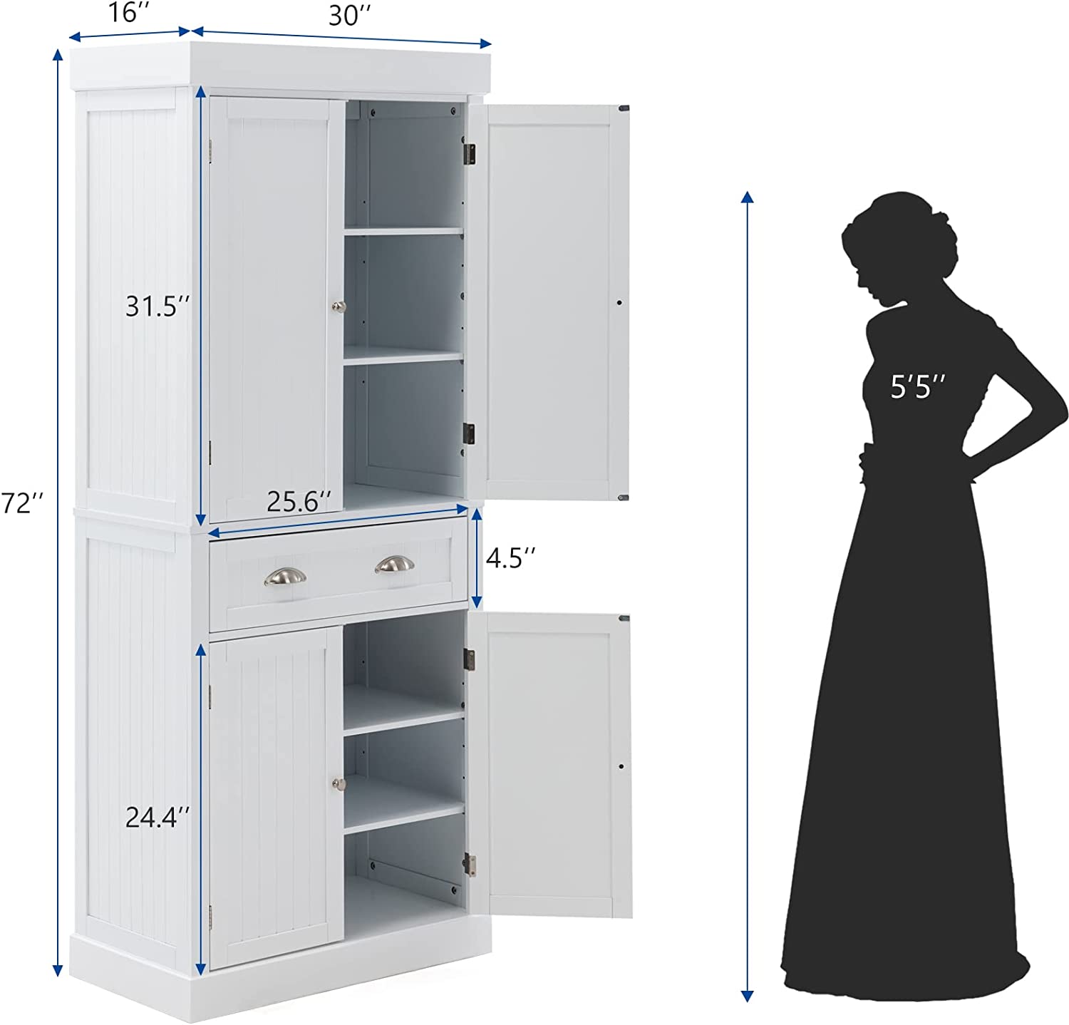 PWFE Kitchen Pantry Storage Cabinet, 72" Traditional Kitchen Pantry Cabinet, 6-Tier Freestanding Buffet Cupboards for Kitchen Storage(White)