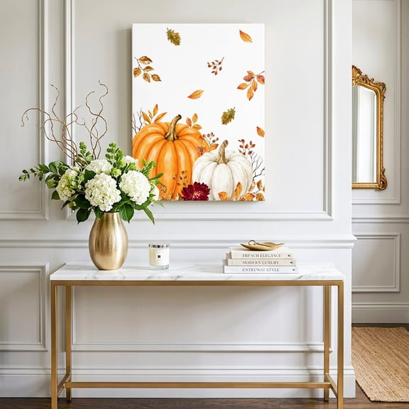 Autumn Thanksgiving Pumpkin Canvas Wall Art, Framed Wall Art Waterproof Canvas Prints Paintings 16"x24", Watercolor Fall Flower Leaves Oil Painting for Bedroom Living Room Bathroom Home Decor
