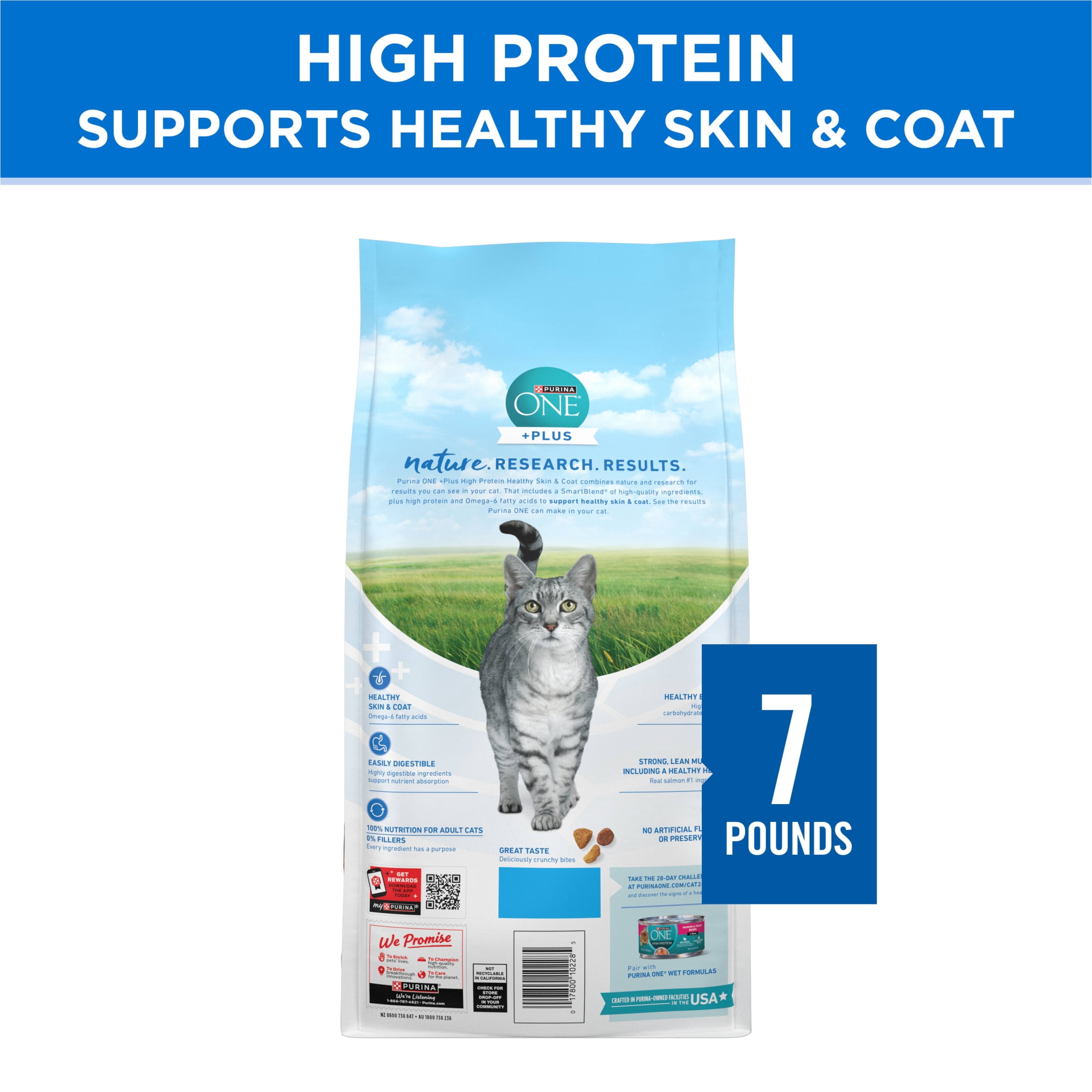 (3 pack) Purina ONE Plus Natural High Protein Dry Cat Food Salmon and Ocean Whitefish Skin and Coat Health Formula, 7 lb Bag
