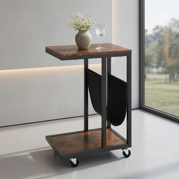 Resenkos C-Shaped Accent Table with Detachable Canvas Storage Bag, Brown Frame