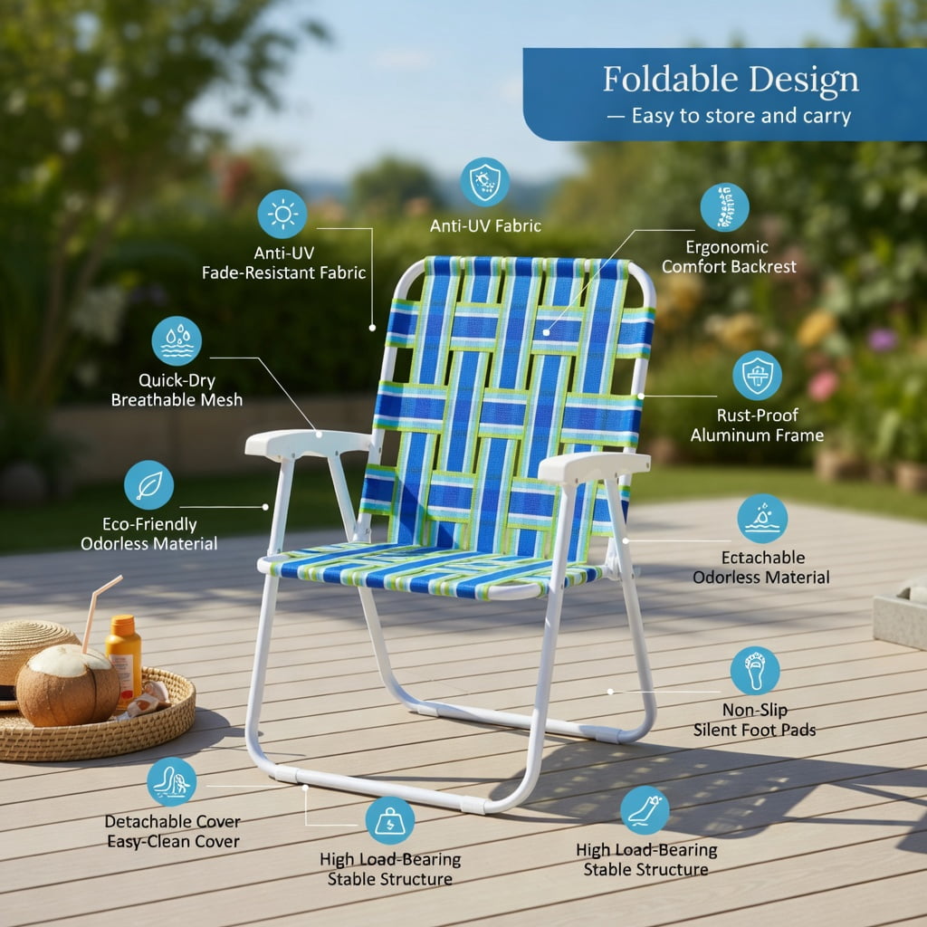 Hommoo 6-Pack Folding Beach Chairs for Camping, Lawn & Outdoor Use, Heavy-Duty Steel Frame, Fade-Resistant PE Webbing, Portable & Easy Setup, Blue