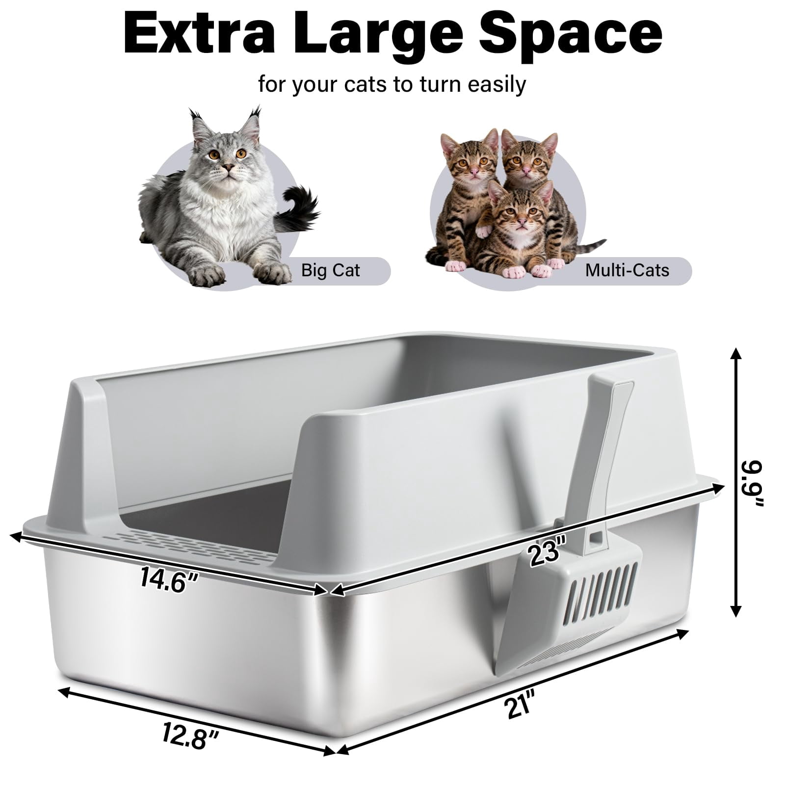 2pack Stainless Steel Litter Box  Xl Extra Large Cat Boxes For Big Cats Metal With Lid High Sides Leak-proof Never Absorbs Odors Easy Cleaning Non-stick Scoop Included