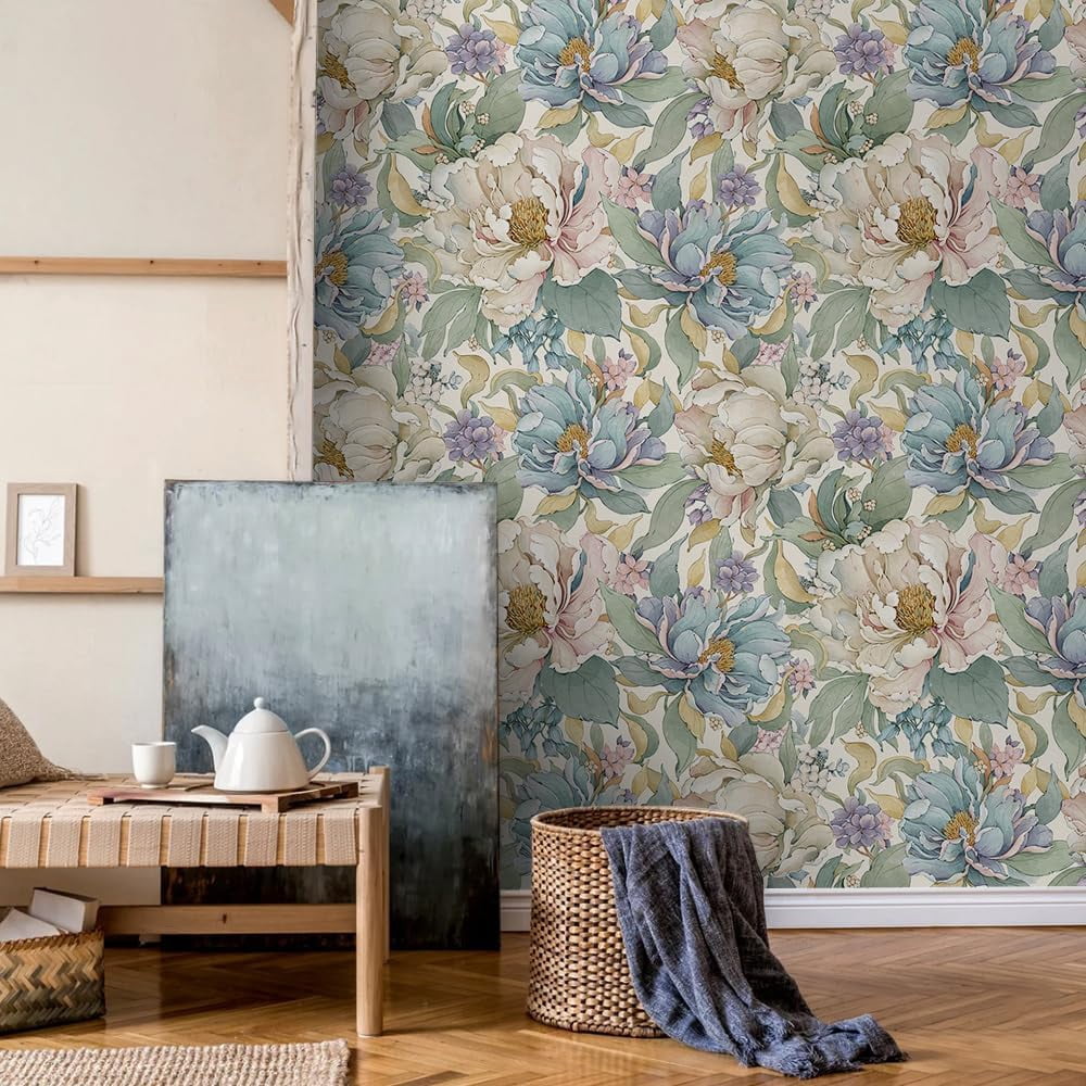 Dreamy Peonies Floral Vintage Roses Beige/Olive Peel and Stick Wallpaper Self Adhesive Removable Easy Peel Off Contact Paper Stick on Wall Paper for Bedroom/Renter