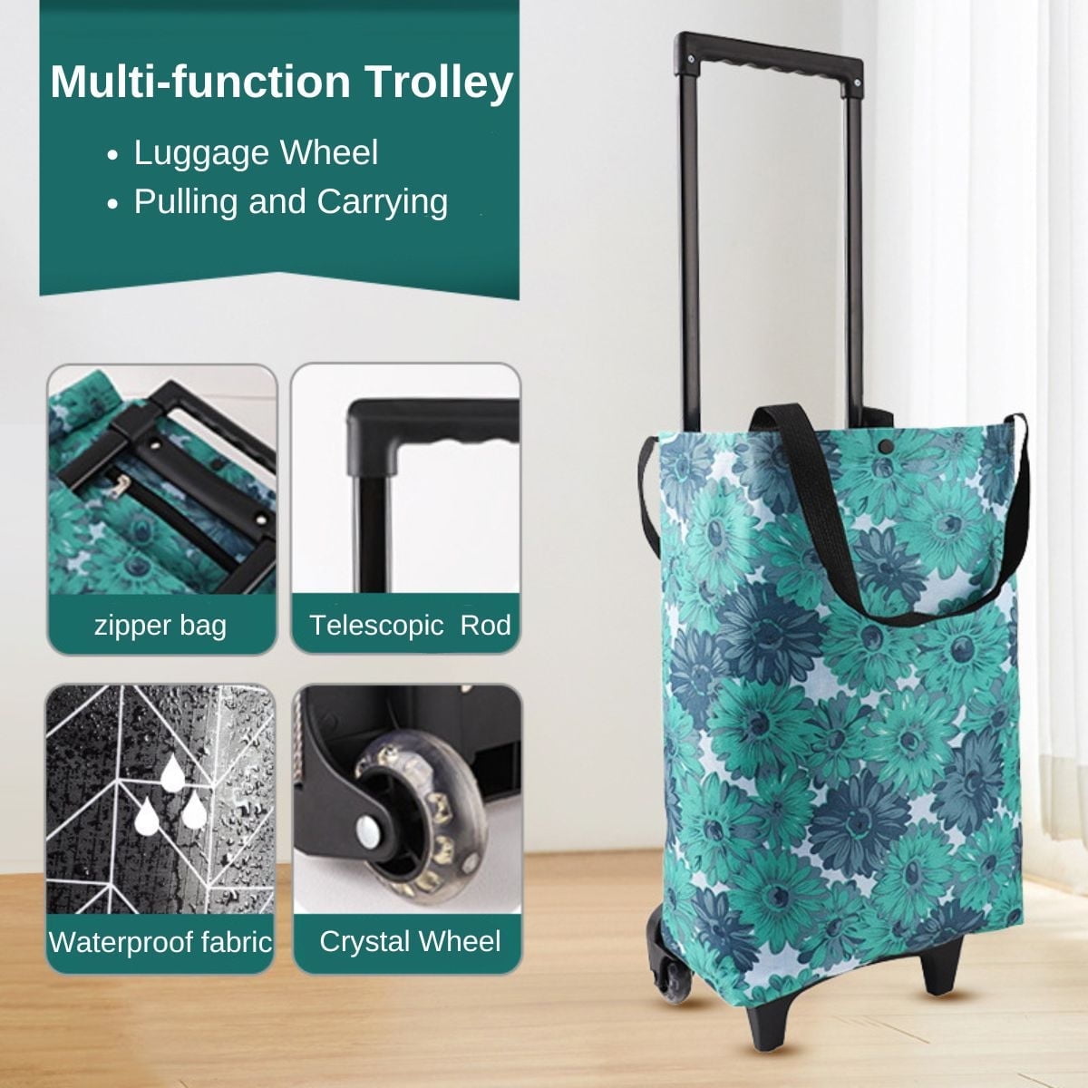 Jiarui Small Collapsible Shopping Cart with Wheels,Portable Grocery Trolley Tote Bag Telescoping Cart