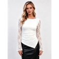 thumbnail image 4 of Women's Sheer Lace Flare Long Sleeve Ruched Side Asymmetric Hem Top White M, 4 of 9