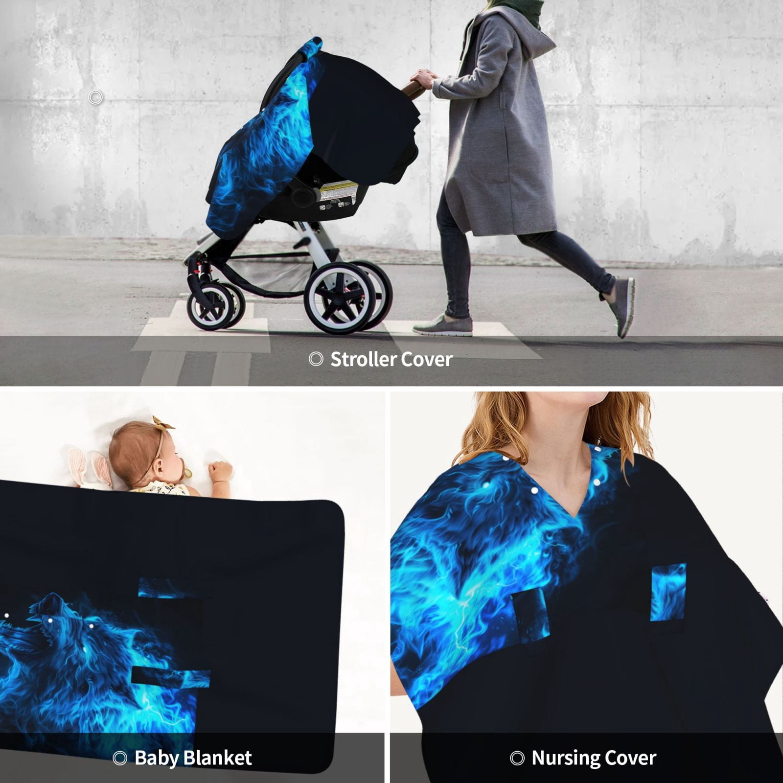 Car Seat Cover Baby - Ice Blue Fire Wolf Breathable Infant Car Seat Cover for Baby Carseat, Lightweight Comfort Baby Essentials Must Haves Newborn Stuff for Girl Boy