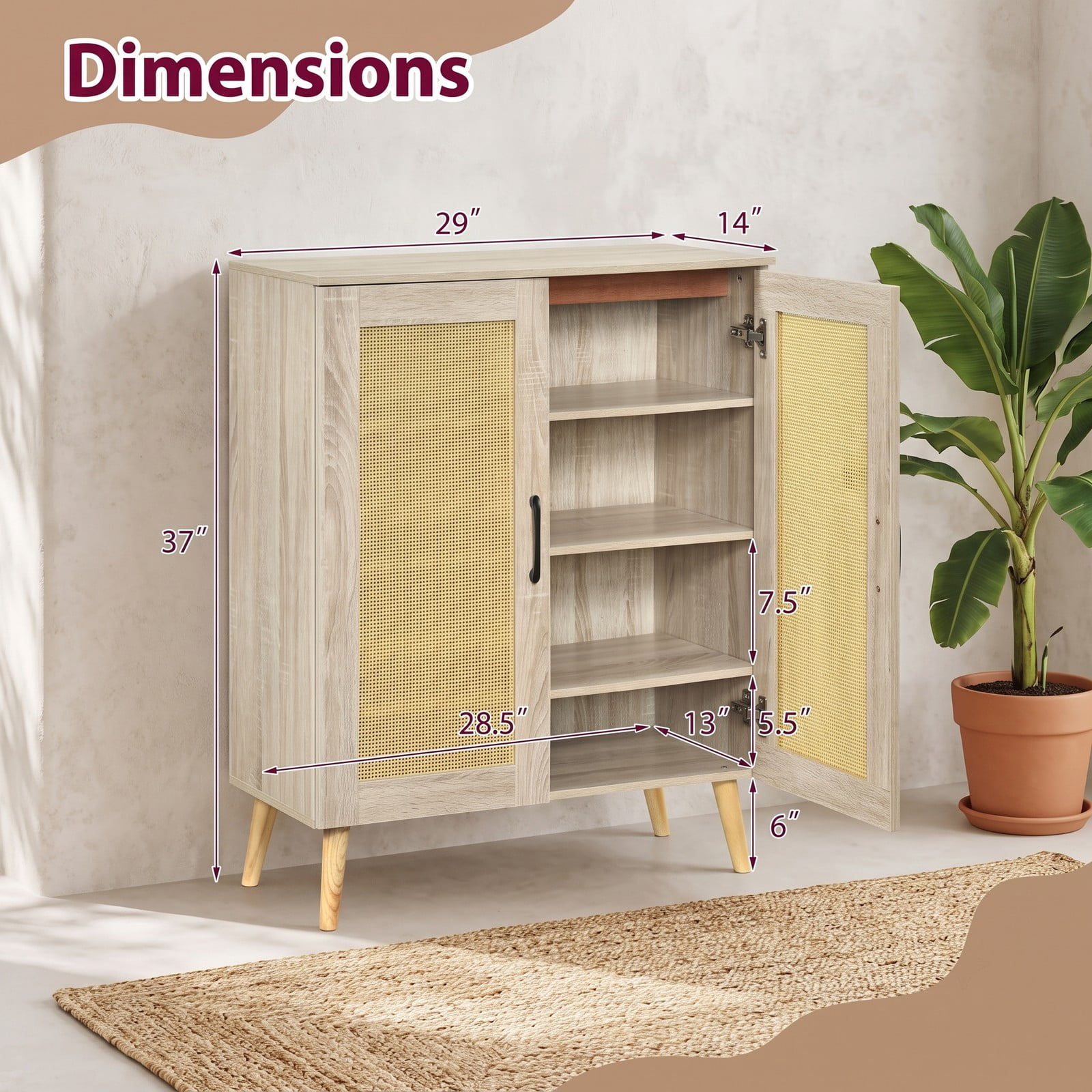Furnibear 5-Tier Rattan Shoe Cabinet with 3 Removable Shelves and Woven Doors for Entryway and Hallway Shoe Storage, Natural